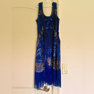Unique Vintage Royal Blue Beaded Fringe Maxi Dress